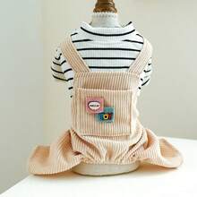 1pc Pet Clothes Black & White Striped Pocket Overalls - Multicolor - View 3