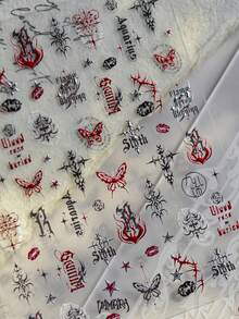 1张哥特式蝴蝶性感唇印黑色银色红色火焰玫瑰星星英文字母自粘美甲贴纸 - 彩色 - 查看 5