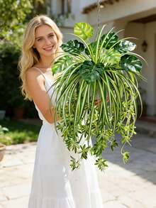 2pcs/Set = Spider Orchid + Monstera, Nordic Style Artificial Hanging Greenery Monstera Combination, UV Resistant Greenery Suitable For Outdoor Garden, Home Decor, Art Decor, Year-Round Artificial Greenery, Palm Festival And Other Seasonal Holidays, Multi-Functional Decor, Pot Not Included - Green - View 9
