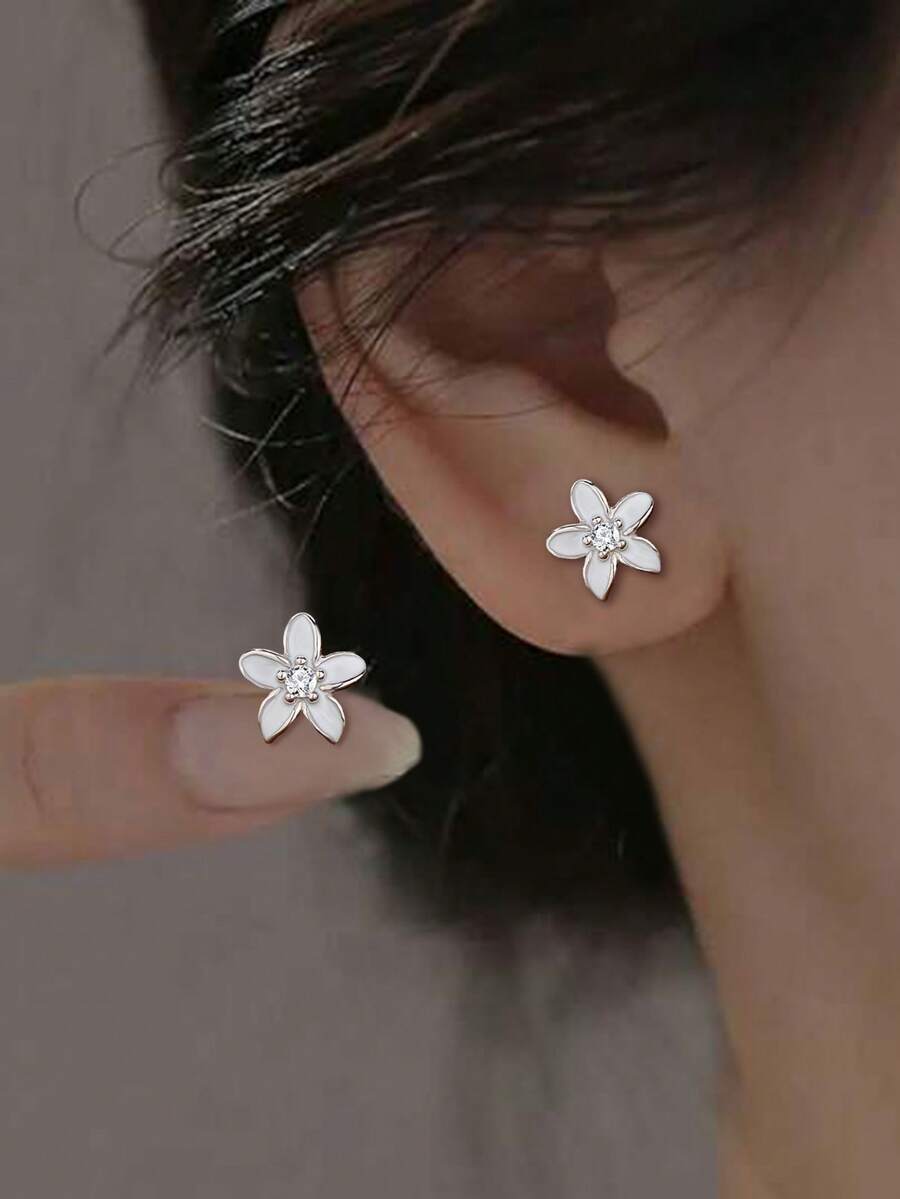 1 Pair S925 Sterling Silver Delicate Floral Stud Earrings, Elegant Aesthetic, Suitable For Daily, Party, Date, Beach Wear, Ideal Gift - Flowers - View 1