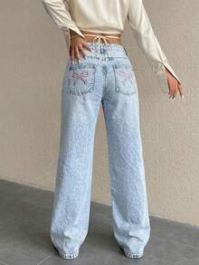 UMINOW 女士休闲水洗直筒牛仔裤，带蝴蝶结口袋，长款无弹力款式 - 藍色 - 查看 5