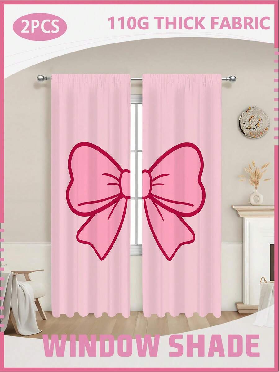 2pcs 110g Pink Bow Curtain Suitable For Bedroom Living Room Balcony Easy Installation Modern Style 100% Polyester Fiber - Multicolor - View 1