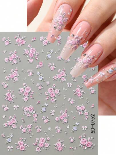 1Sheet Pink Rose Flower Petal Nail Art Stickers Romantic Bowknot Wreath Floral Nail Decal Chic Relief Peach Blossom Plant Self Adhesive 5D Decoration Manicure Sliders