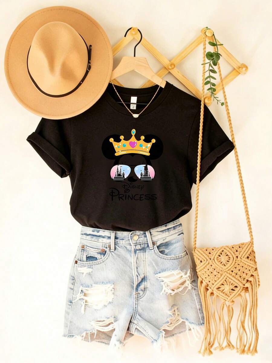 Disney Cute Minnie Mouse Princess Graphic Tee | Perfect For Park & Daily Outfits | Soft Comfy Short SleeveMade From Soft, Comfortable, And Durable Pure Cotton, This Is An Ideal Choice For Spring And Summer. This Crew Neck T-Shirt Is Suitable For Various Occasions, Including Everyday Wear, Shopping, Parties, Travel, And Gatherings, And Also Makes A Thoughtful Gift. - 黑色 - 查看 1