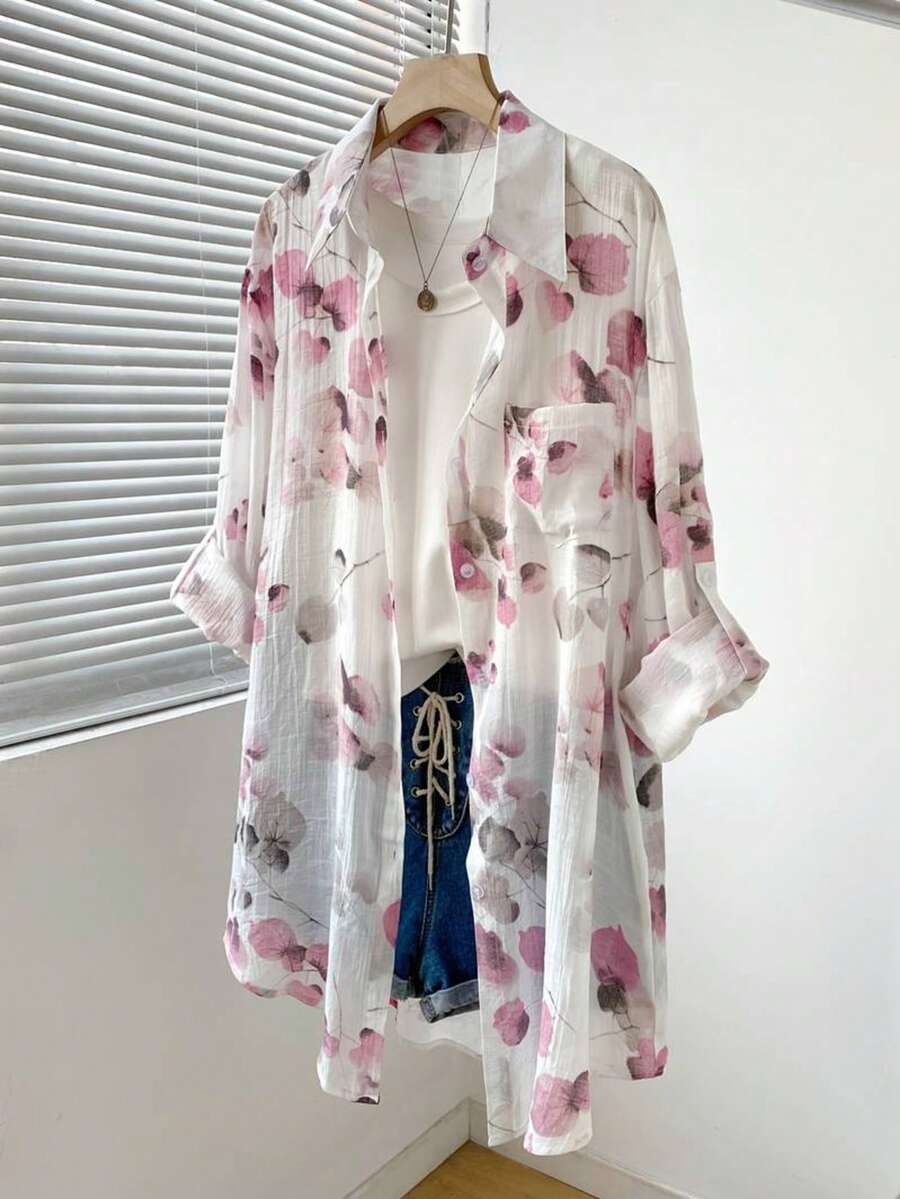 白色底花卉水彩印花寬鬆透視長袖襯衫女上衣,附胸前口袋、翻領與捲袖設計,粉紅色 - 粉色 - 查看 1