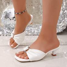 Women's High Heel Shoes With Bow Tie, Elegant Solid Color Vintage Sexy Party PU Leather Slip-On Pumps, Pointed Toe Kitten Heel Sandals For Wedding, Party, Beach In Summer - White - View 6
