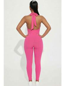 Women's Rib Knit Halter V-Neck Bodycon Jumpsuit - Casual Solid Color, Slim Fit Summer Jumpsuit, Polyester, Machine Washable - Berry - View 3