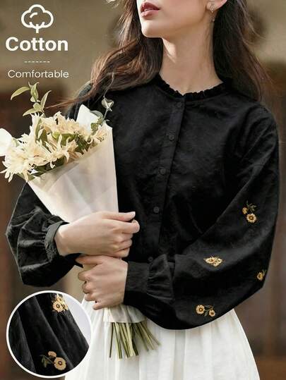 Áo kiểu nữ thanh lịch cổ Pháp, viền ren, tay dài thêu họa tiết, thích hợp cho mùa xuân/hè.