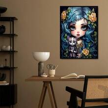 1 pièce Peinture de diamant DIY 2D Fille aux cheveux bleus avec chat, personnage de dessin animé animal floral avec forage complet, parfait pour les cadeaux de vacances - Voir 7