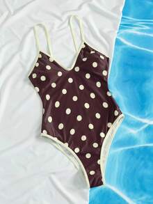 PEPPERMOLLY Traje de baño de mujer de lunares marrones, nuevo para primavera/verano 2026, con diseño de escote en V profundo y tirantes finos, ajustado y sexy, esencial para vacaciones de verano en la playa - Marrón - Ver 4