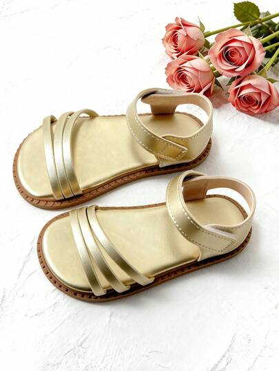 1 Pair Fashion Children's Sandals, Gold Girls' Flat Sandals, Minimalist Triple Strap, Versatile & Elegant, Soft Non-Slip Sole, Gold Strap Hook And Loop Design, Suitable For Banquets, Gatherings, Parties, Weddings, Vacations