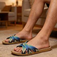 男士夏季亚麻拖鞋，室内轻便防滑时尚卧室凉鞋 - 藍色 - 查看 2