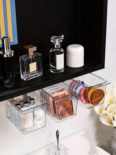 1pc/4pcs Plastic Wall Mounted Pull-Out Storage Box, Thickened Version - Cosmetics Organizer, Transparent Bathroom Storage Rack, Space Saving Wall Mounted Design, Suitable For Dressing Table, Bathroom, Makeup Table, Lipstick, Headband, Headband Storage Rack, No Need For Drilling - Equipped With Patch Adhesive,