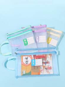 A4 Double Layer Subject Divider Bag, Transparent Mesh File Storage Bag, Dual Zipper, Student Document Handbag - Double Layer - View 1