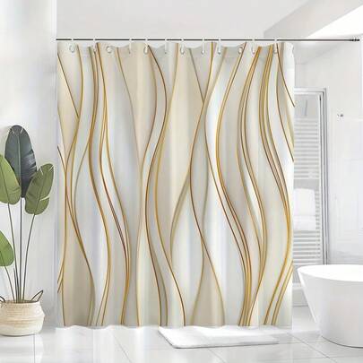 1件花卉元素波浪图案印花涤纶浴帘，配12个挂钩，浴室装饰，也可作窗帘使用，尺寸180.34*180.34厘米