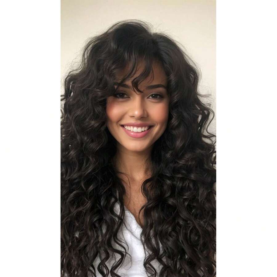 Brown Curly Wig With Bangs For Women, 24 Inch Walnut Brown Curly Gorgeous Shag Hair Wig, Kinky Curls With Wispy Bangs Synthetic Wig For Women, Daily Party Cosplay Use Long Brown Wigs With Bangs - 棕色 - 查看 1