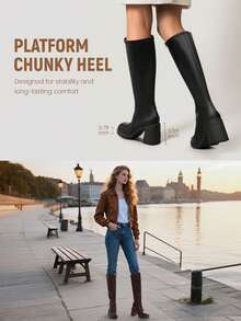 Athlefit Women's Stretch Knee High Boots - Platform Chunky Heel Square Toe Side Zip - 黑色 - 查看 10