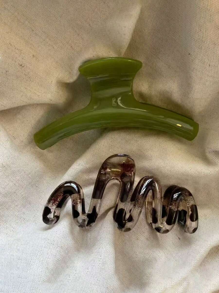 2个/1个女士抹茶绿弧形发爪，豹纹波浪发爪，百搭优雅简约纯色发爪，适合日常、休闲、派对、海滩、度假、发型设计、洗脸/洗头、化妆、时尚配饰，秋冬春夏夏季发饰沙滩发夹度假发夹 - 彩色 - 查看 1