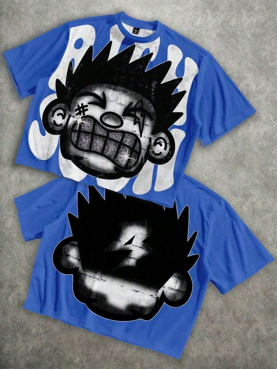 Manfinity Roghcode Men's Oversized Distressed Funny Diamond Teeth Tattoo Big Face Allover Print Cropped Loose T-Shirt (High Quality) - Royal Blue - View 1