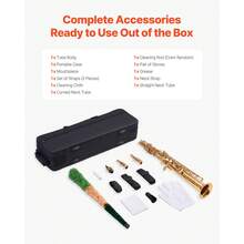 Straight Soprano Saxophone, B Flat, Brass Saxophone Beginner Kit With Carrying Case, Mouthpiece, Cleaning Cloth Rod, Gloves, Neck Strap, 23 Keys Soprano Sax Kit, For Beginners Students, Gold - Kèn saxophone soprano thẳng - Xem 6