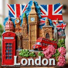 Classic London Meets British Romance: 3D Embossed Big Ben, Double-Decker Bus, And Blushing Rose - This Multi-Textured Souvenir Showcases The Charm Of This City - A - View 1