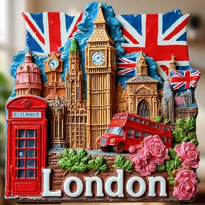 Classic London Meets British Romance: 3D Embossed Big Ben, Double-Decker Bus, And Blushing Rose - This Multi-Textured Souvenir Showcases The Charm Of This City