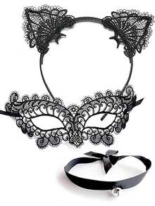 3件套猫咪主题套装（猫咪头箍、蕾丝眼罩、铃铛项圈） - 适合女性宠物装扮、猫咪主题化妆派对 - 彩色 - 查看 5