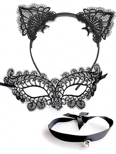 3pcs Cat Theme Accessories (Cat Ear Headband, Lace Eye Mask, Bell Collar) - Suitable For Women Pet Costumes, Cat Theme Makeup Party