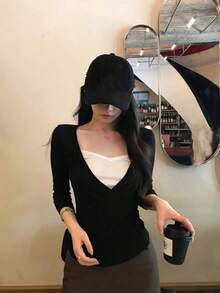 Áo lót nữ mùa thu, áo thun dài tay ôm dáng độc đáo để mặc nhiều lớp. - màu đen - Xem 1