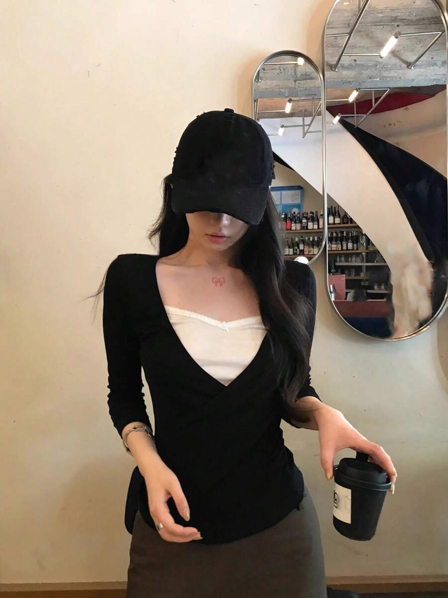 Áo lót nữ mùa thu, áo thun dài tay ôm dáng độc đáo để mặc nhiều lớp. - màu đen - Xem 1