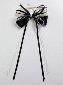 1 pieza Scrunchie de pelo estilo bohemio hecho a mano con borla y lazo - Blanco y Negro - Ver 3