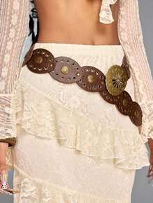 ROMWE Hippie 1pc Women's Hollow Flower Button Decor Brown Oval Leather Circle Metal Eyelet Buckle Belt, Bohemian Western Style, Versatile For Dress, Jeans - 棕色 - 查看 5