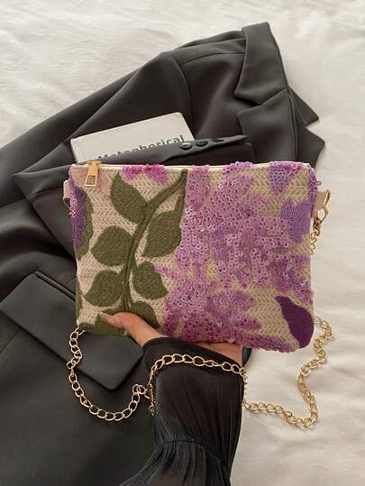 Vintage lila Blumen bestickte Pailletten Damen Umhängetasche, Kuvert-Stil Nischen Design Ketten Umhängetasche, sanft elegante vielseitige Umhängetasche, neuer chinesischer Stil Atmosphäre Clutch