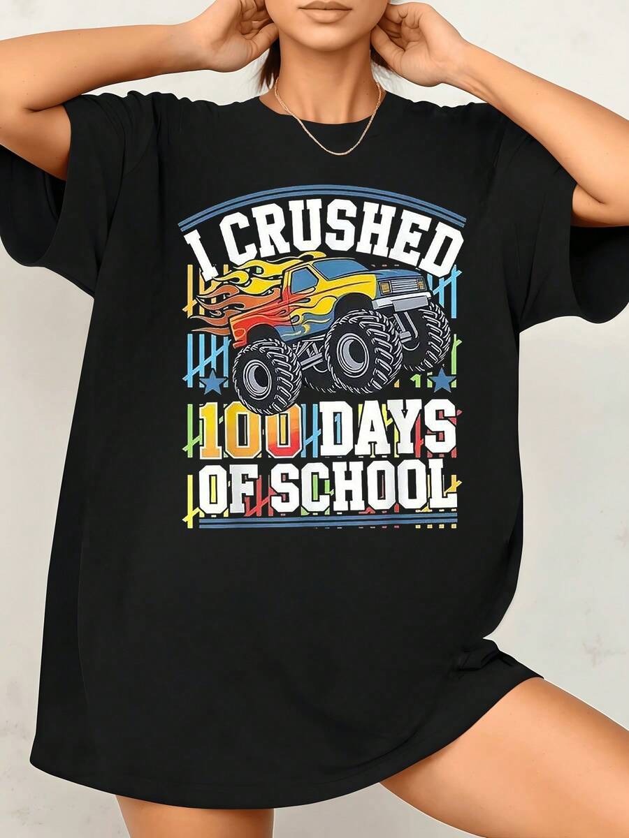 Camión monstruo con llamas simboliza fuerza superando retos estudiantiles celebrando esfuerzo durante cien días mostrando alegría color poder y energía camiseta de mujer 220g casual cómoda para uso diario - Negro - Ver 1