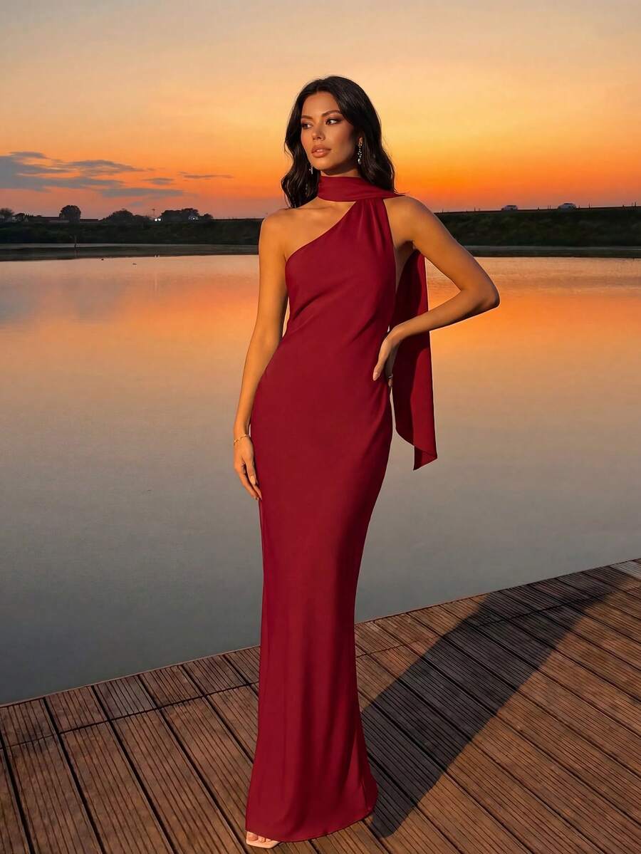 LOVE&LEMONADE Wine Red Satin Fitted Sleeveless Wrap Maxi Dress With Sash For Women Wedding Spring - Burgundy - View 1