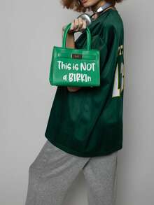 Tote&Carry Women's Y2K Baddie Sassy Letter Print Mini Tote Bag, Vibrant Green PU Leather Crossbody Top Handle Purse, This Is Not A Birkin Ironic Luxury Parody Statement Handbag For Spring Festival Concert Party - 綠色 - 查看 7