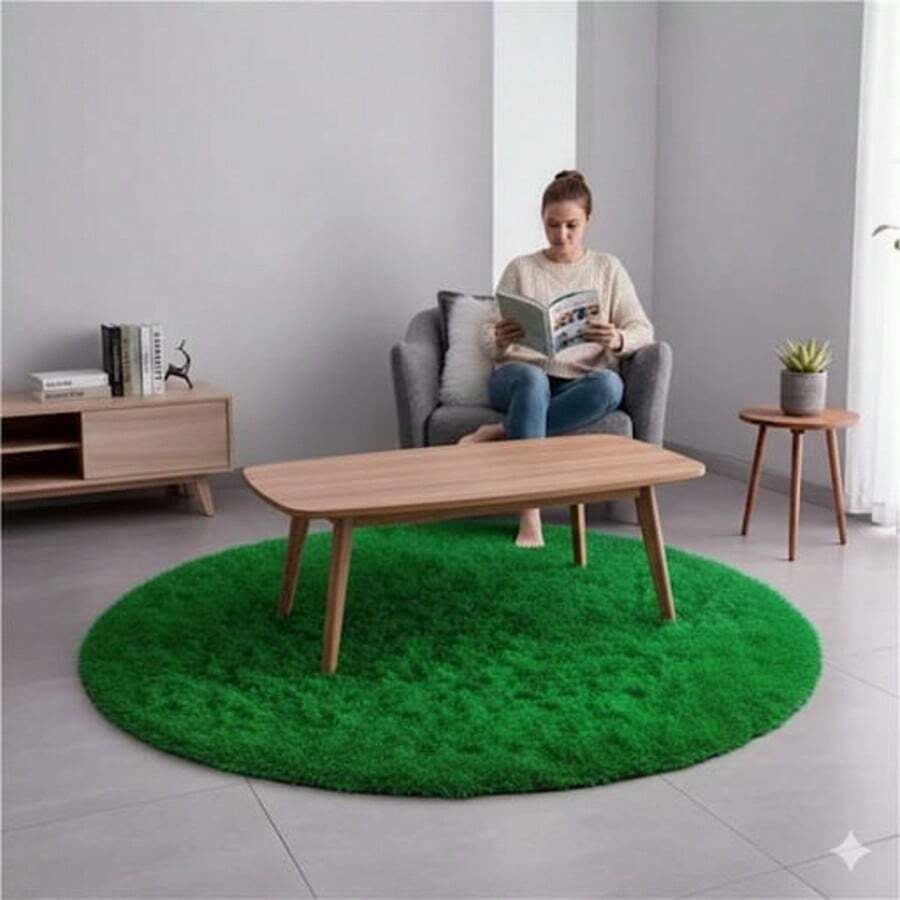 Round Rug 1 Meter Shaggy Living Room Bedroom - màu xanh lá - Xem 1