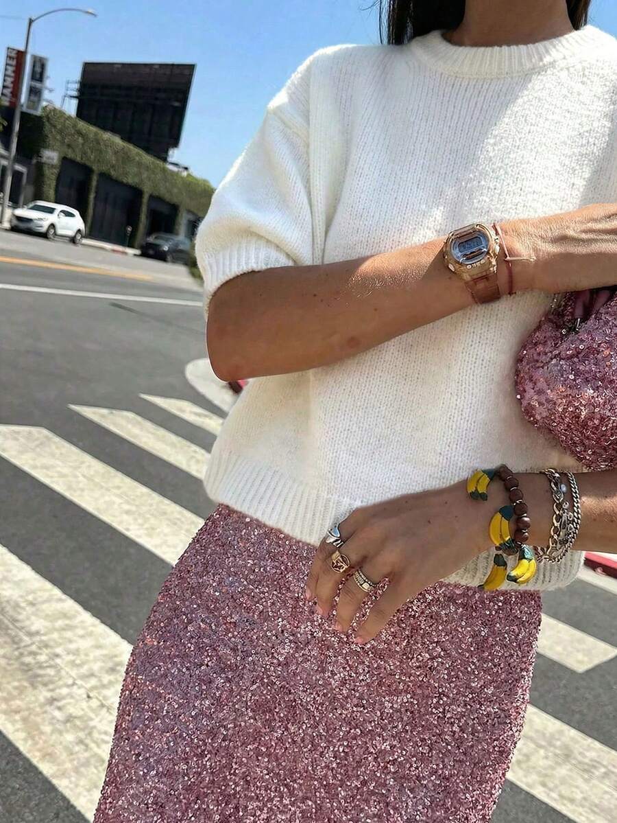 FOR BEAUTY 女士圆领短袖白色针织衫，新款宽松柔软舒适休闲套头衫，适合日常通勤，百搭时尚优雅简约针织上衣，春夏必备