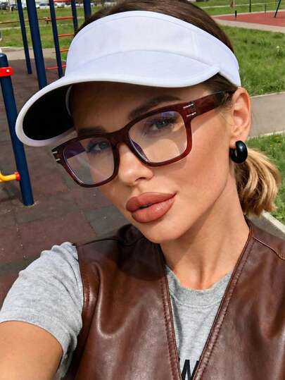 1 Pair Plastic Studded Solid Color Plus Size Square Glasses, Casual Outdoor Commute Versatile Clear Lens Retro Elegant Eyewear For Women