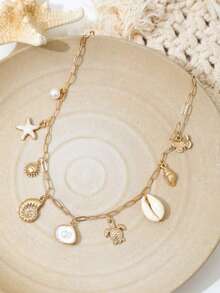 1pc Alloy Pendant Oil Drop Chain Necklace, Bohemian Style Beach Vacation Artificial Starfish & Shell Pendant, Faux Pearl Sexy Fashion Necklace - Gold - View 3