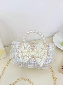 Striped Straw Small Square Bag, Lace Bow Pearl Handbag, Girly Vacation Crossbody Bag - Multicolor - View 2