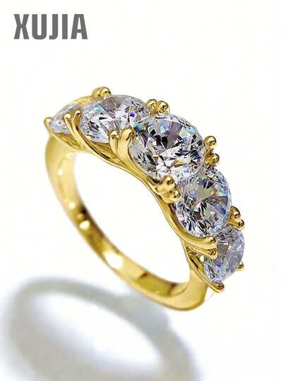 XUJIA 1pc 5-Stone Ring, Women's Round Cut Moissanite Engagement Ring, 925 Sterling Silver, D-E Color, VVS1 Clarity, 6.5mm, 6mm And 5mm Moissanite, Anniversary Wedding Band, Jewelry Gift