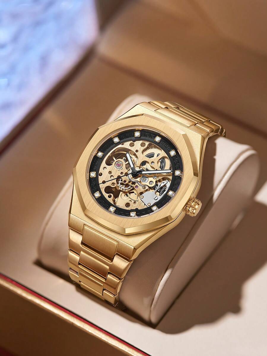 LONGLUX 1 chiếc đồng hồ đeo tay cơ tự động dành cho nam, mặt bát giác đính đá, dây thép khóa bướm kiểu dáng công sở, thích hợp đeo hàng ngày. - Vàng - Xem 1