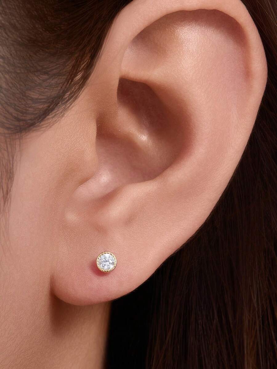 1对S925纯银耳钉，女士简约精致小钻耳钉，百搭日常佩戴饰品 - 金色 - 查看 1