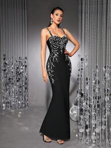 Bernatova Đầm maxi dài hở lưng sang trọng dành cho nữ, dây mảnh, đính đá lấp lánh, kiểu dáng băng quấn, gợi cảm, cao cấp, thích hợp cho các bữa tiệc sang trọng, thảm đỏ, tiệc tối trang trọng, đám cưới, biểu diễn sân khấu, dạ hội. - màu đen - Xem 3