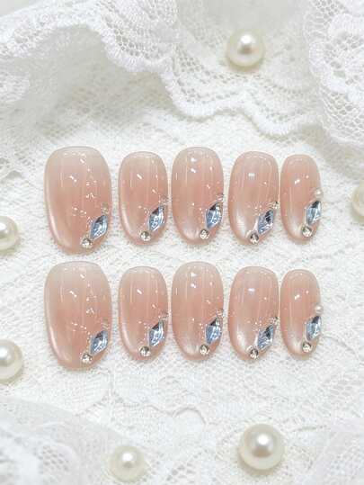 10pcs Blue Gem Handmade Press On Nails, Nude Pink Blush Nails Blue Crystal & Pearl Fake Nails, Medium-Long Oval Nails Spring Summer Acrylic False Nails With Jelly Glue And Nail File, DIY Nail Art Supplies
