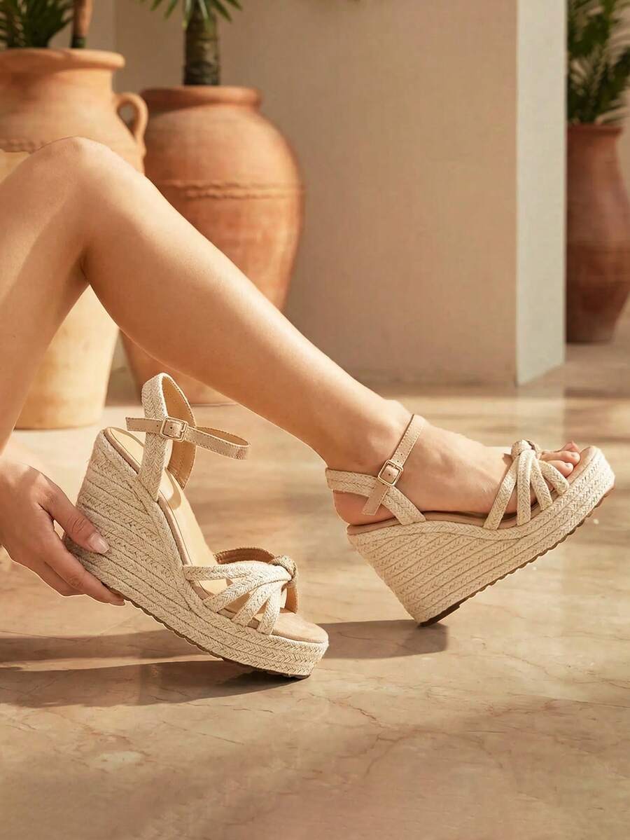 Wedge Sandals For Women Summer Open Toe Platform Sandals Ankle Strap Wedges Heels Raffia Espadrille Braided Sandals - Apricot - View 1