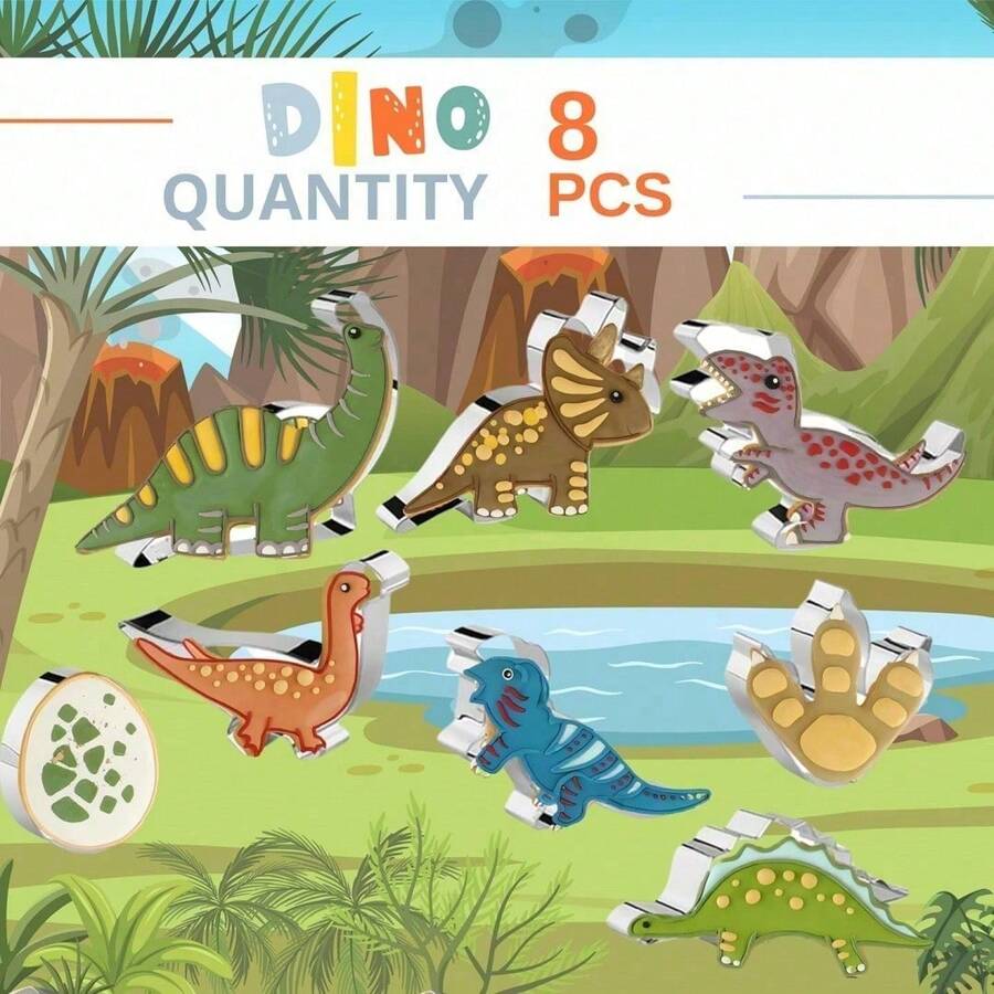 Bộ 8 khuôn cắt bánh quy hình khủng long - Khủng long ba sừng, trứng khủng long, dấu chân khủng long, khủng long gai, khủng long bạo chúa, khuôn nướng bánh hình khủng long cho trẻ em, đồ dùng trang trí tiệc khủng long. - Bạc - Xem 1