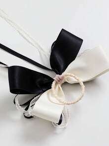 1 pieza Scrunchie de pelo estilo bohemio hecho a mano con borla y lazo - Blanco y Negro - Ver 5