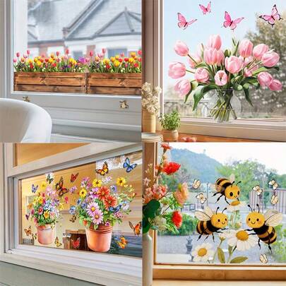 1/2/5 قطعة ملصق زجاج، نمط أزهار وأنابيب وزنبق ذو جانبين قابل للإزالة للأبواب والنوافذ والديكور، فيلم كهروستاتيكي